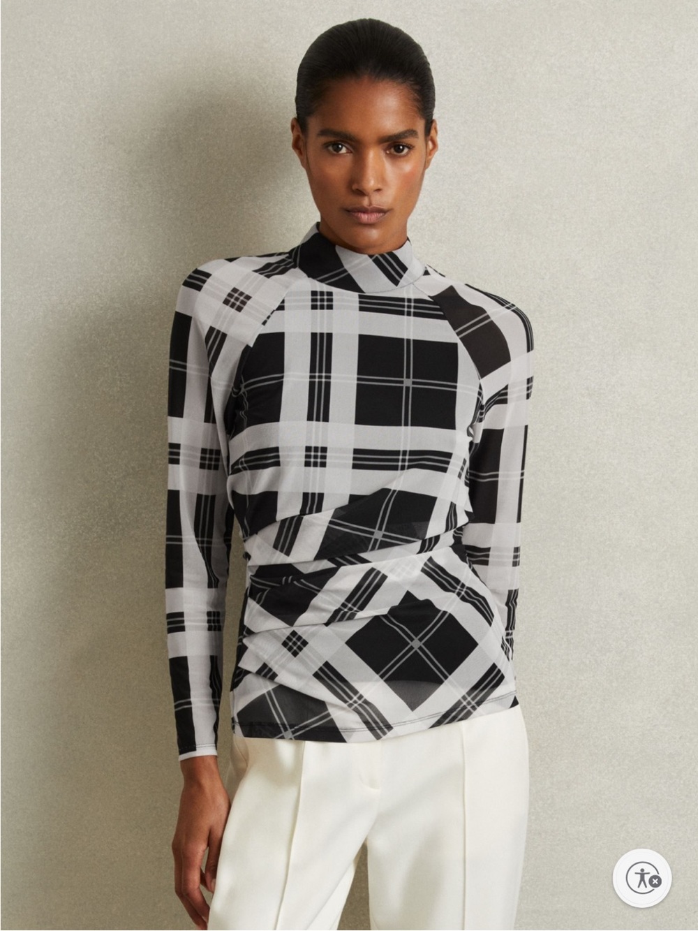 Reiss Danna Checked Top Mock-Neck Long-Sleeve Top